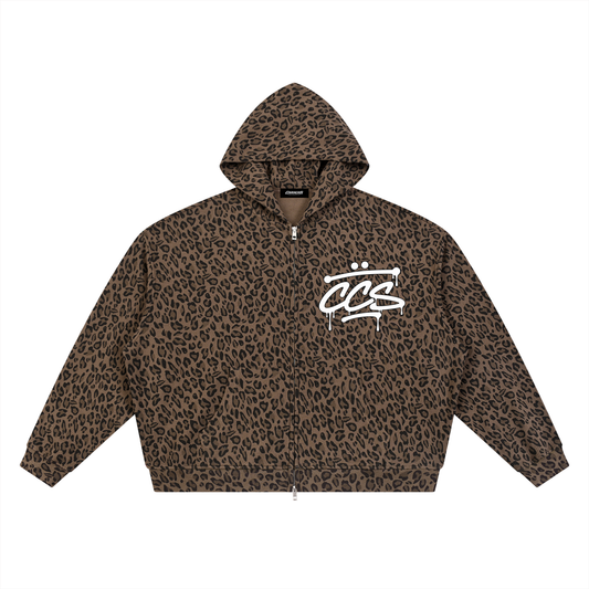 Otro beta Leopard Print Waffle Full Zip Hoodie